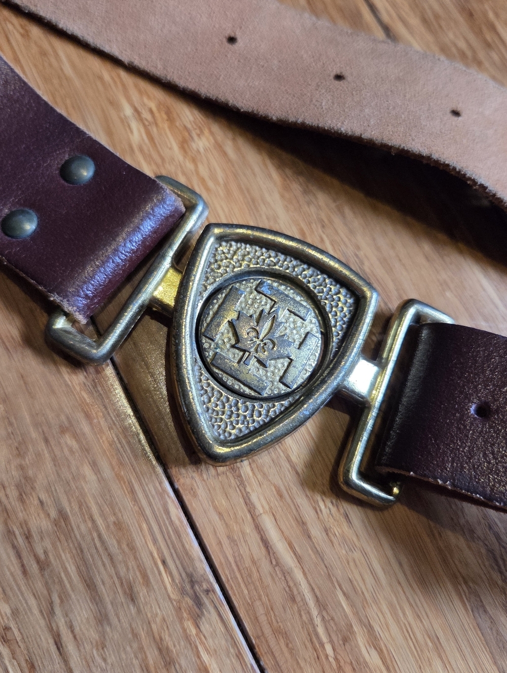 Vintage Leather Boy Scouts Belt French Canadian Adjustable Fleur de Lis Brass